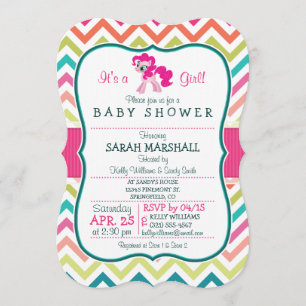 Invitation Pony rose ; Baby shower Chevron coloré