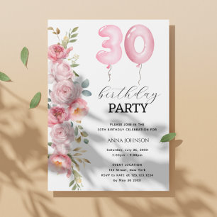 Invitation Pony rose Floral Balloon 30e fête d'anniversaire