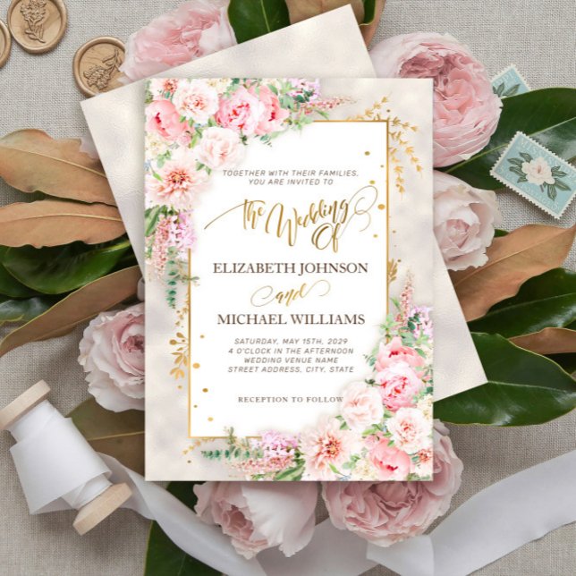 Invitation Pony rose Floral Gold Script & Frame (Créateur téléchargé)