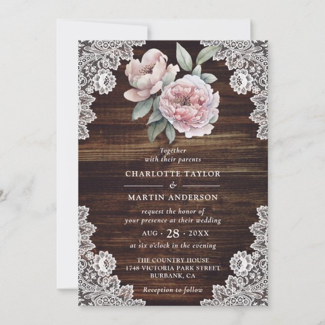 Invitation Pony rose Rustique dentelle de bois Mariage floral (Devant)