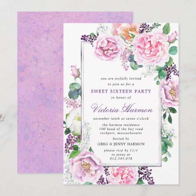 Invitation Pony rose violet Rose Floral Sweet 16 Party (Devant / Derrière)