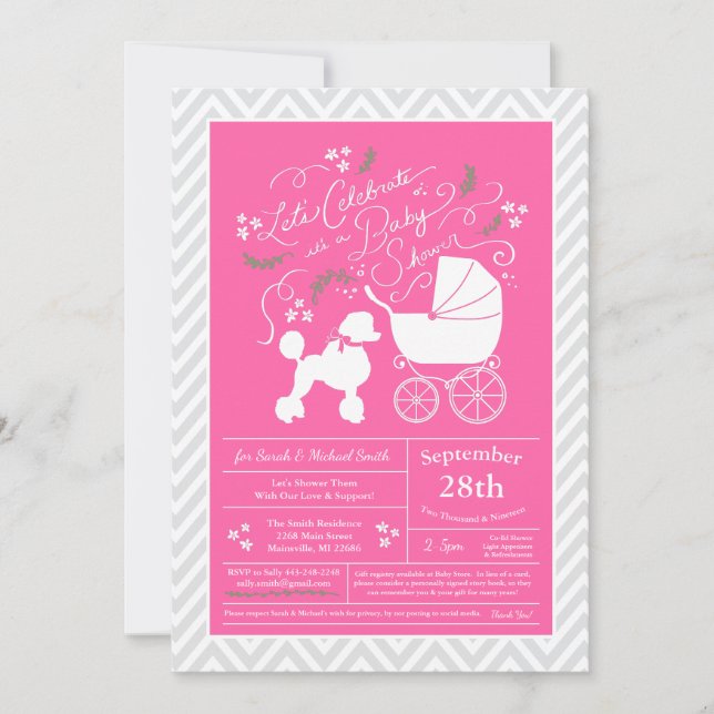 Invitation Poodle Baby shower Chien Français Chiot Rose Girl (Devant)