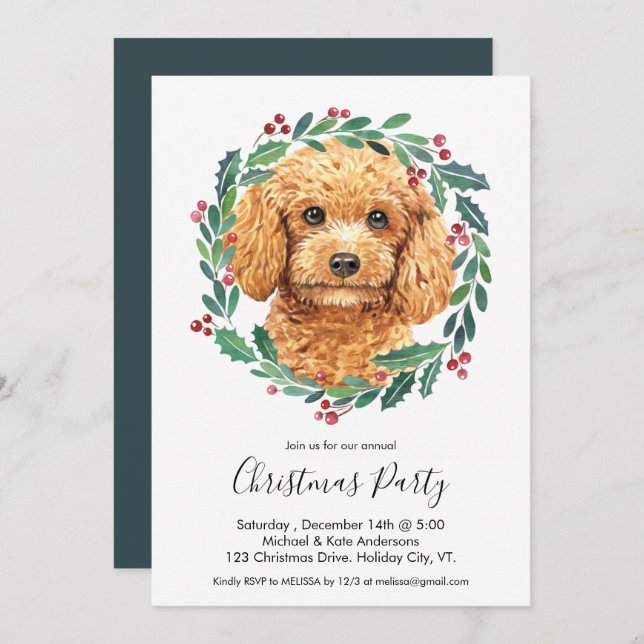 Invitation Poodle mignon chien élégant Wreath fête de Noël (Devant / Derrière)