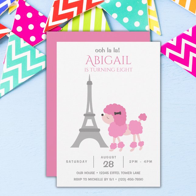 Invitation Poodle rose Tour Eiffel Adorable Anniversaire (Créateur téléchargé)