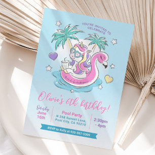 Invitation Pool Anniversaire de la fête Unicorn Flamant rose 