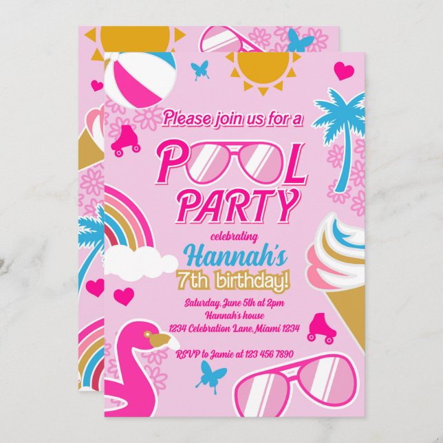Invitation Pool Party 7e anniversaire fille Malibu poupée été (Devant / Derrière)