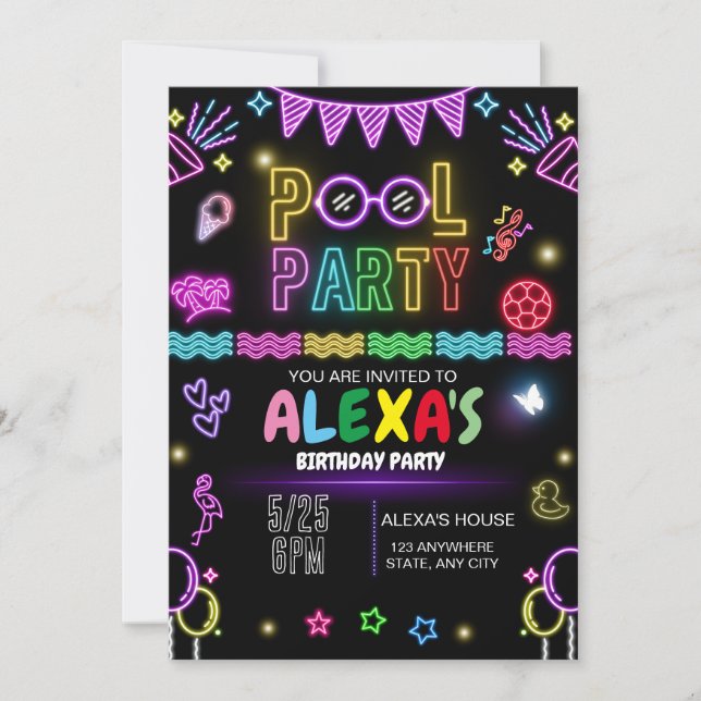 Invitation Pool Party Anniversaire Invitation, Neon Party (Devant)