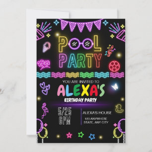 Invitation Pool Party Anniversaire Invitation, Neon Party
