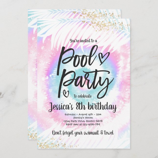Invitation Pool Party Anniversaire Pink Tie Tee Pool Party (Devant / Derrière)