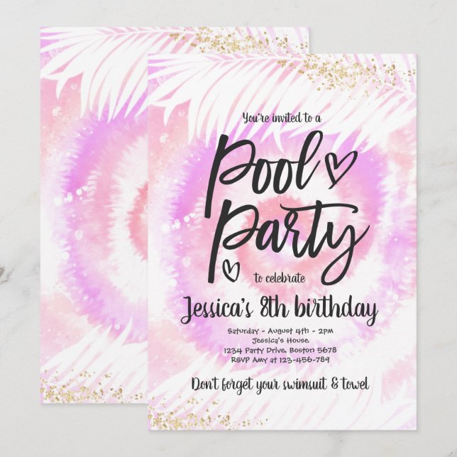 Invitation Pool Party Anniversaire Pink Tie Tee Pool Party (Devant / Derrière)