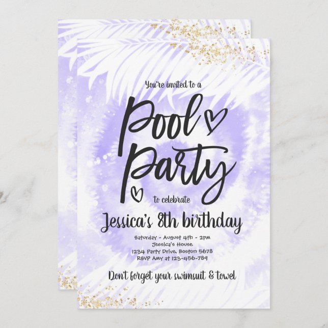 Invitation Pool Party Anniversaire Purple Tie Tee Pool Party (Devant / Derrière)