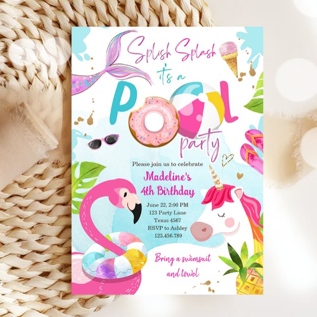 Invitation Pool Party Bash Unicorn Mermaid Flamant rose (Créateur téléchargé)