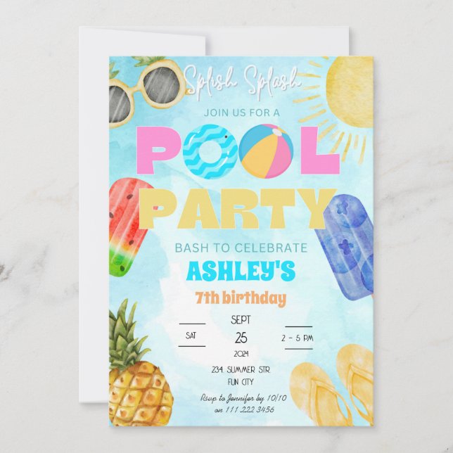 Invitation Pool Party Bids Enfants Splish Splash Anniversaire (Devant)