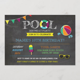 Invitation Pool Party Boys or Girls Birthday Beach Sun Invita