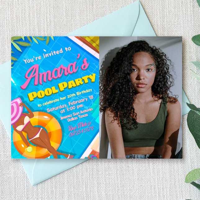 Invitation Pool Party - Fille avec photo (Pool Party Landscape Invitation with Photo)