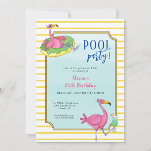 Invitation Pool Party Flamants roses roses Anniversaire