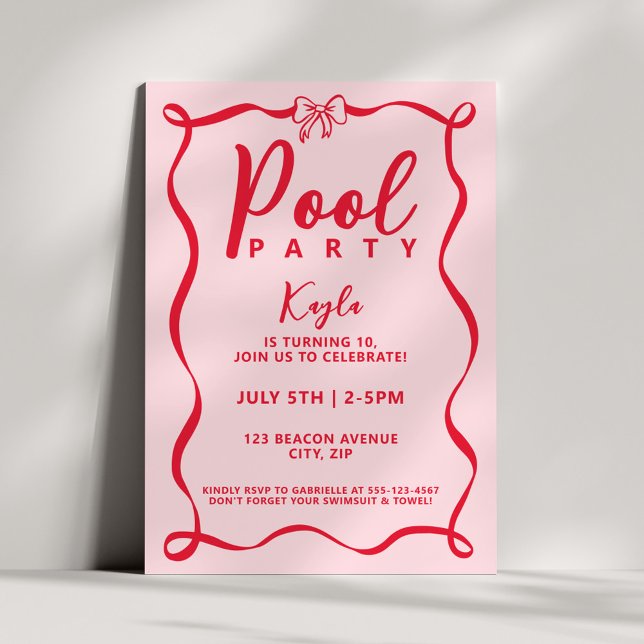 Invitation Pool Party Girly Red Bow Coquette Pink Wavy (Créateur téléchargé)