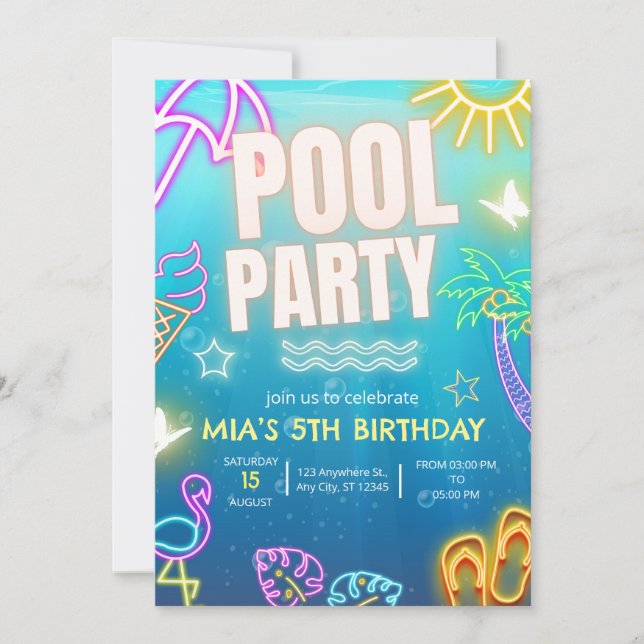 Invitation Pool Party, Glow neon Anniversaire trop (Devant)