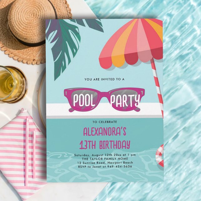 Invitation Pool Party moderne Tropical Leaf mignon Ado Annive (teen pool party invitations for girls tween thirteen pink sunglasses tropical leaf cute modern cool)