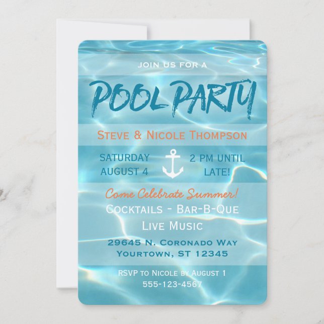 Invitation Pool Party Nautique Eté Aqua Orange et blanc (Devant)