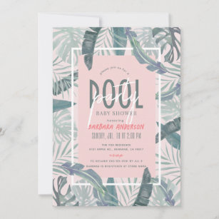 Invitation Pool Party Tropical Feuilles rose Baby shower fill
