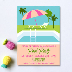 Invitation Pool Party Tropical Piscine Girls Anniversaire