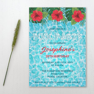 Invitation Pool Party Tropical Rouge Hibiscus Fleurs Annivers