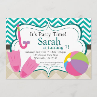 Invitation Pool Party Turquiose Chevron et Tan Jacquard Invit