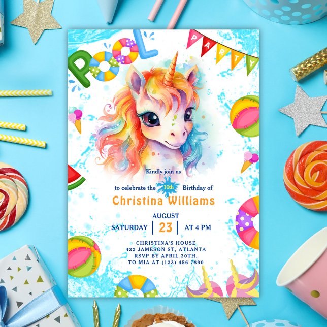 Invitation Pool Party Unicorn été Anniversaire (Pool Party Unicorn Summer Birthday Invitation)