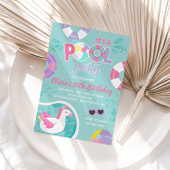 Invitation Pool Party Unicorn piscine flotter rose été Annive (Créateur téléchargé)