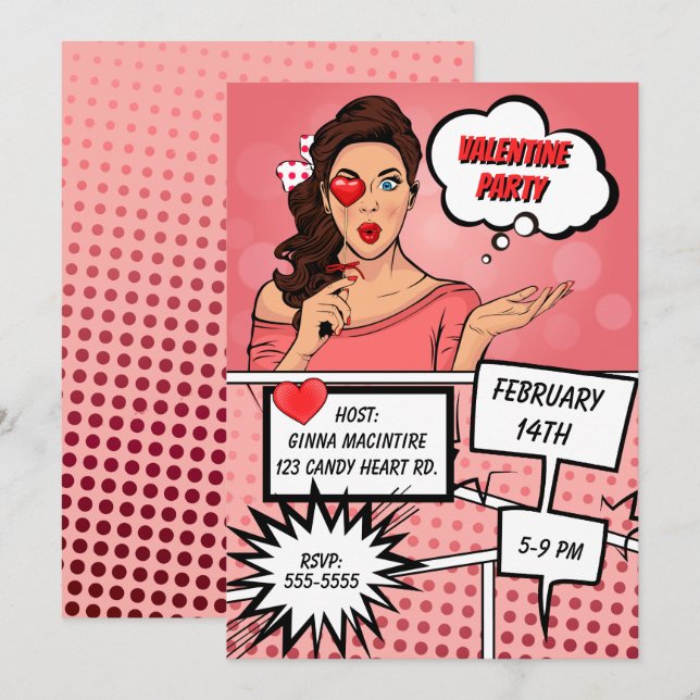 Invitation Pop Art Valentines Fête (Devant / Derrière)