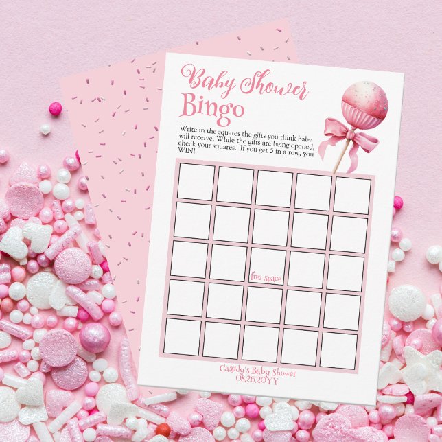 Invitation Pop Baby shower de gâteau rose Jeu de Bingo (Pink Cake Pop Girl Baby Shower "Bingo" Game Card -- Pink Candy Frame Collection)