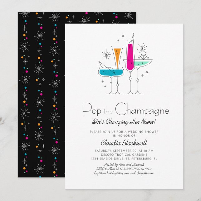 Invitation Pop Champagne Retro Envoi de douche nuptiale (Devant / Derrière)