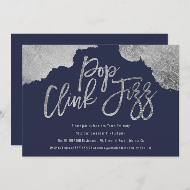 Invitation Pop clink fizz script bleu argent Nouvel An Eve (Devant / Derrière)