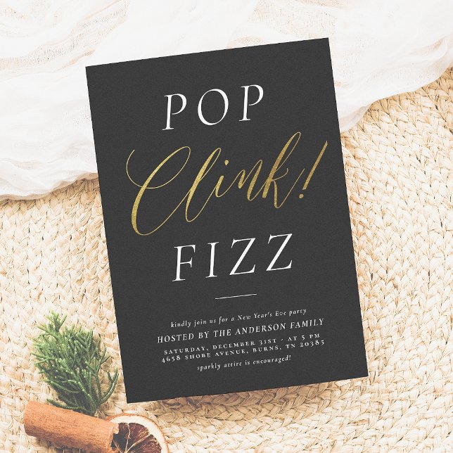 Invitation Pop Clink Fizz | Soirée du Nouvel An Or Elegant (Créateur téléchargé)