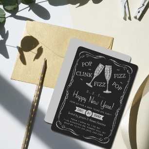 Invitation Pop, Clink, Fizz, Soirée Nouvel An Argent