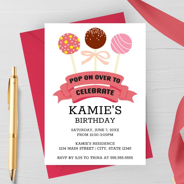 Invitation Pop de gâteau rose fête d'anniversaire (Pink Cake Pops Birthday Party Invitation)
