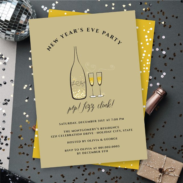Invitation Pop Fizz Clink Champagne Cheval Nouvel An Soirée (Pop Fizz Clink Champagne Cheers New Year Eve Party Invitation @ fat_fa_tin)