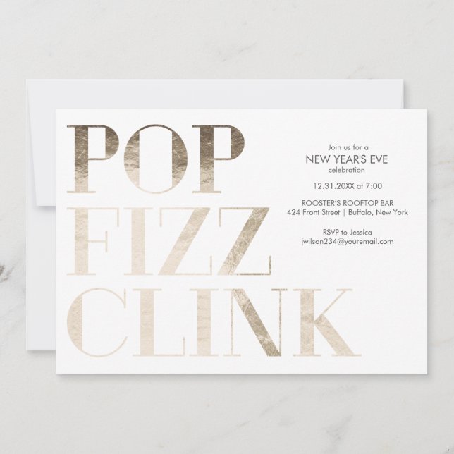 Invitation Pop Fizz Clink Faux papier doré Nouvel An (Devant)