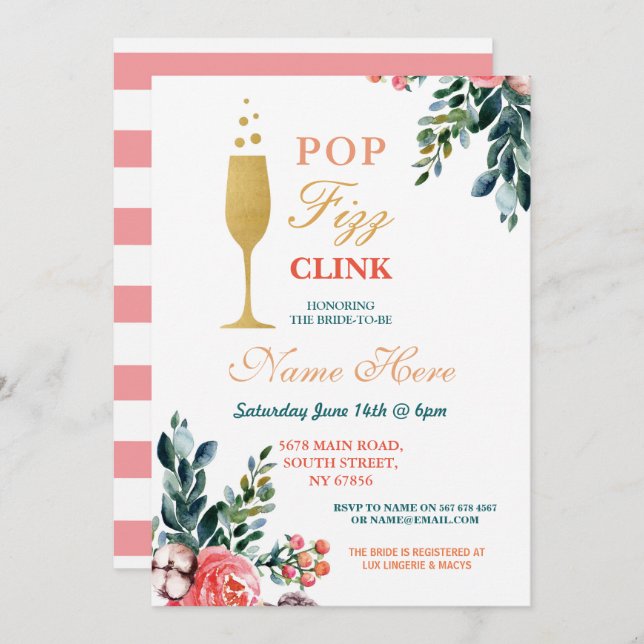 Invitation Pop Fizz Clink Fête de l'mariée Champagne Gold Inv (Devant / Derrière)