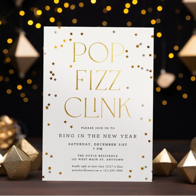 Invitation Pop Fizz Clink White Gold Confetti Nouvel An (Créateur téléchargé)