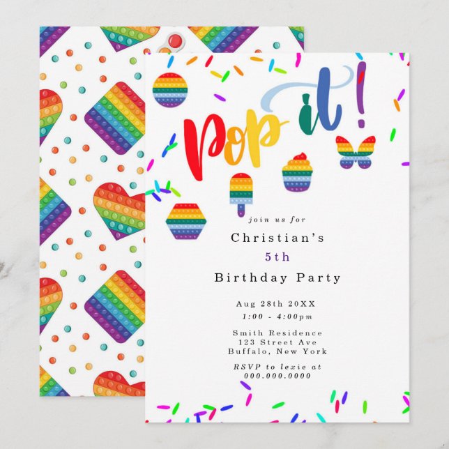 Invitation Pop It Toy Rainbow Colours Anniversaire de enfant  (Devant / Derrière)