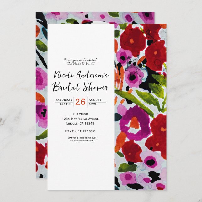 Invitation Pop of Bold Color Inky Aquarelle Fleurs nuptiales (Devant / Derrière)