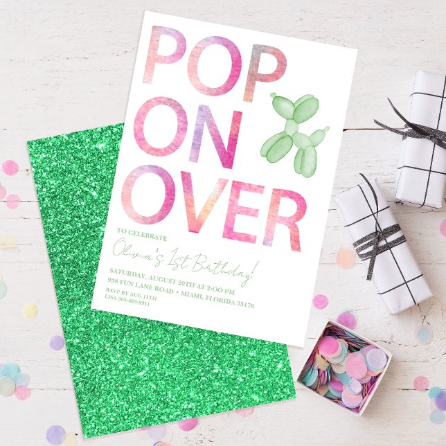Invitation Pop On Over Green Balloon Dog Anniversaire Invitat (green glitter gender neutral birthday party invitation )