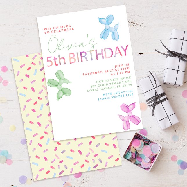 Invitation Pop On Plus De 5E Anniversaire Balloon Chien Invit (modern typography colorful 5th birthday party invitation )