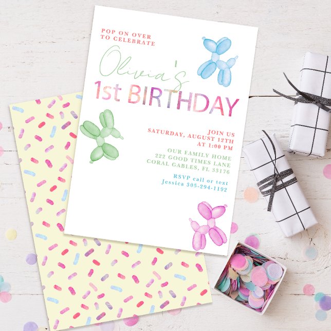 Invitation Pop Sur Plus De 1Er Anniversaire Balloon Invitatio (pastel first birthday party colorful animal balloon invitation)