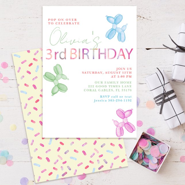 Invitation Pop Sur Plus De 3E Anniversaire Balloon Chien Invi (gender neutral third birthday party invitation for kids)