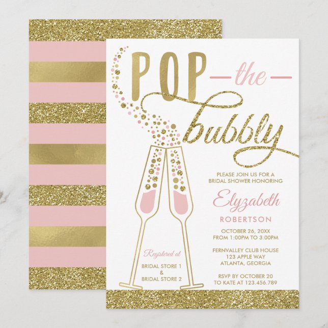 Invitation Pop The Bubbly Fête des mariées Invitation, Faux G (Devant / Derrière)
