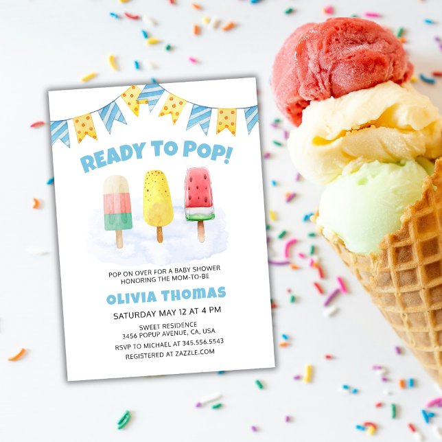 Invitation Popcicle Bleu Prêt À Pop Baby shower Crème Glace (Blue Popcicle Ready To Pop Ice Cream Baby Shower Invitation)