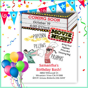 Invitation Popcorn Coussin Pyjamas Movie Nuit Anniversaire